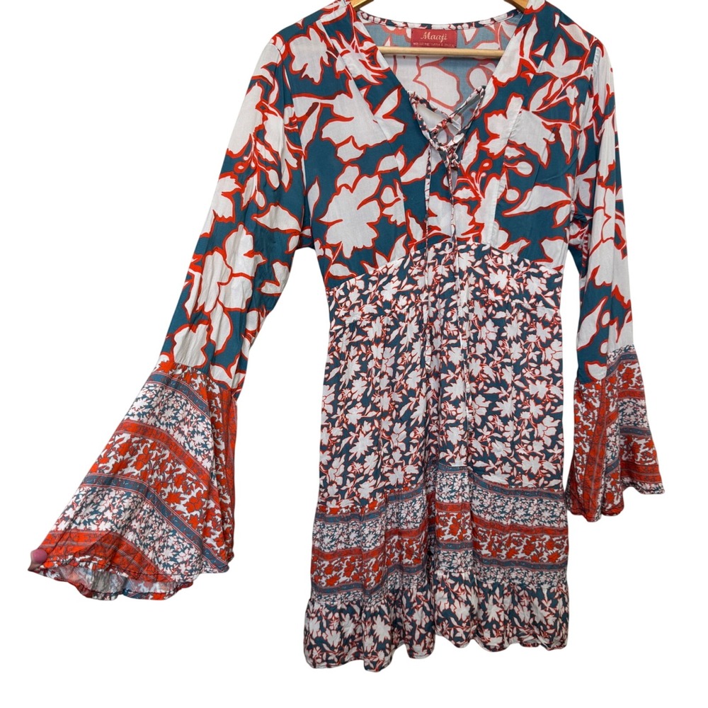 Maaji Womens Mini Dress M Teal Orange Floral Bell Sleeve Boho Hippie Coastal